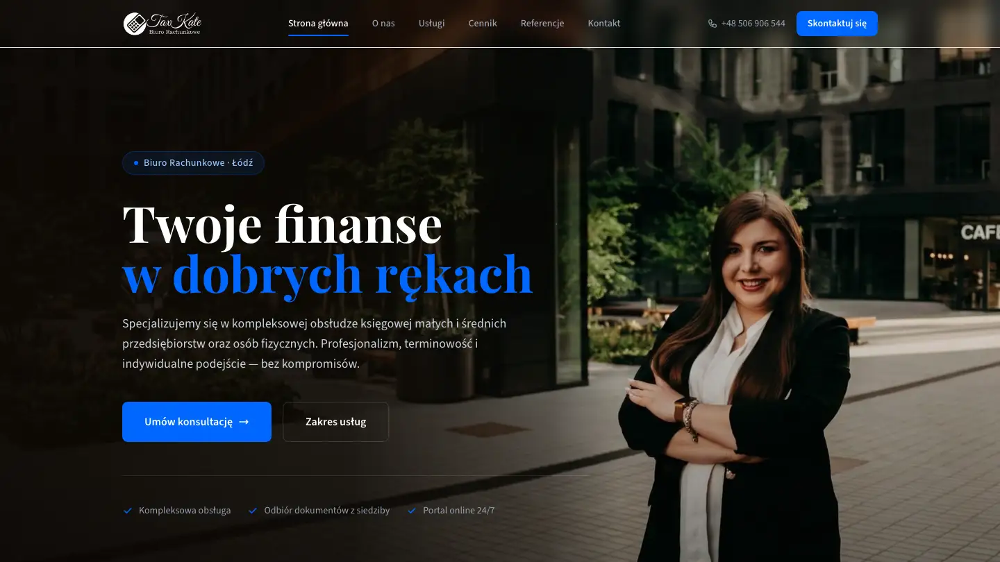 Strona biura rachunkowego Tax Kate z hasłem „Twoje finanse w dobrych rękach”